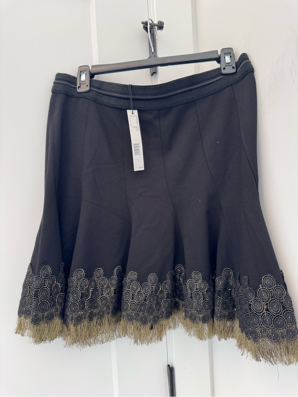 Tahari Black Skater Skirt with Gold Fringe & Circle Embroidery
